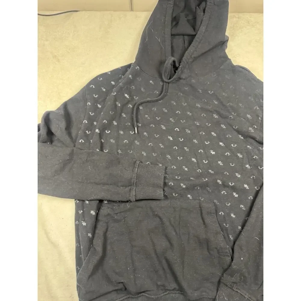 True Religion Men’s Medium Black Monogram Pullover Hoodie Horseshoe Logo